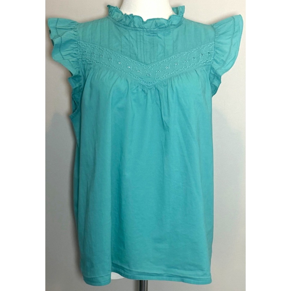 J.CREW Turquoise Woven 100% Cotton High Neck Keyhole Ruffle Blouse Women M